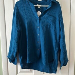Linen Teal Button-Down Shirt